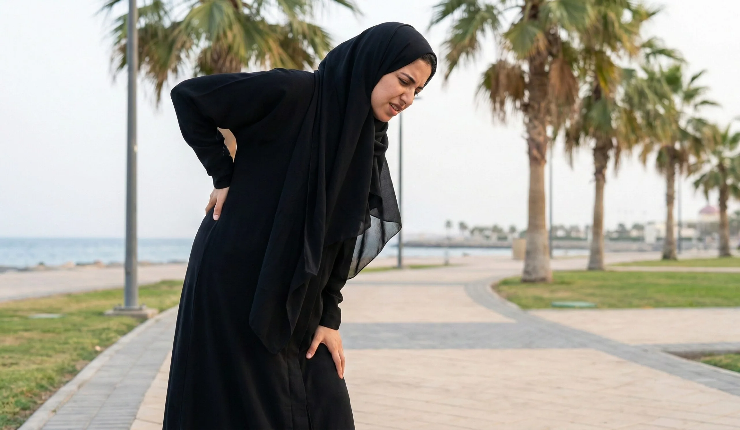 امرأة على الكونيش عندها ألم ظهر