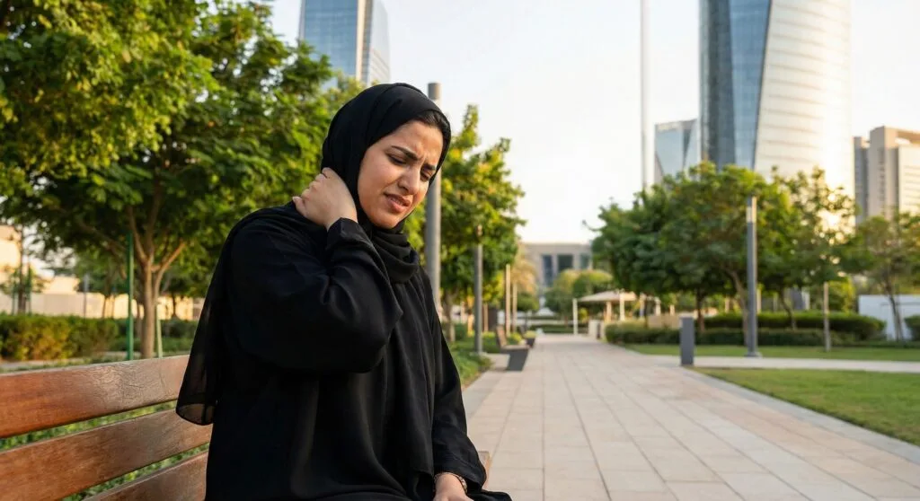 امرأة تحلس في الحديقة لديها ألم رقبة
