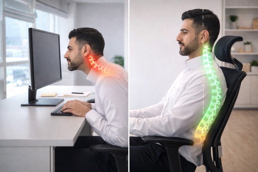 head posture طريقة الجلوس الصحيحة لتجنب ألم الرقبة