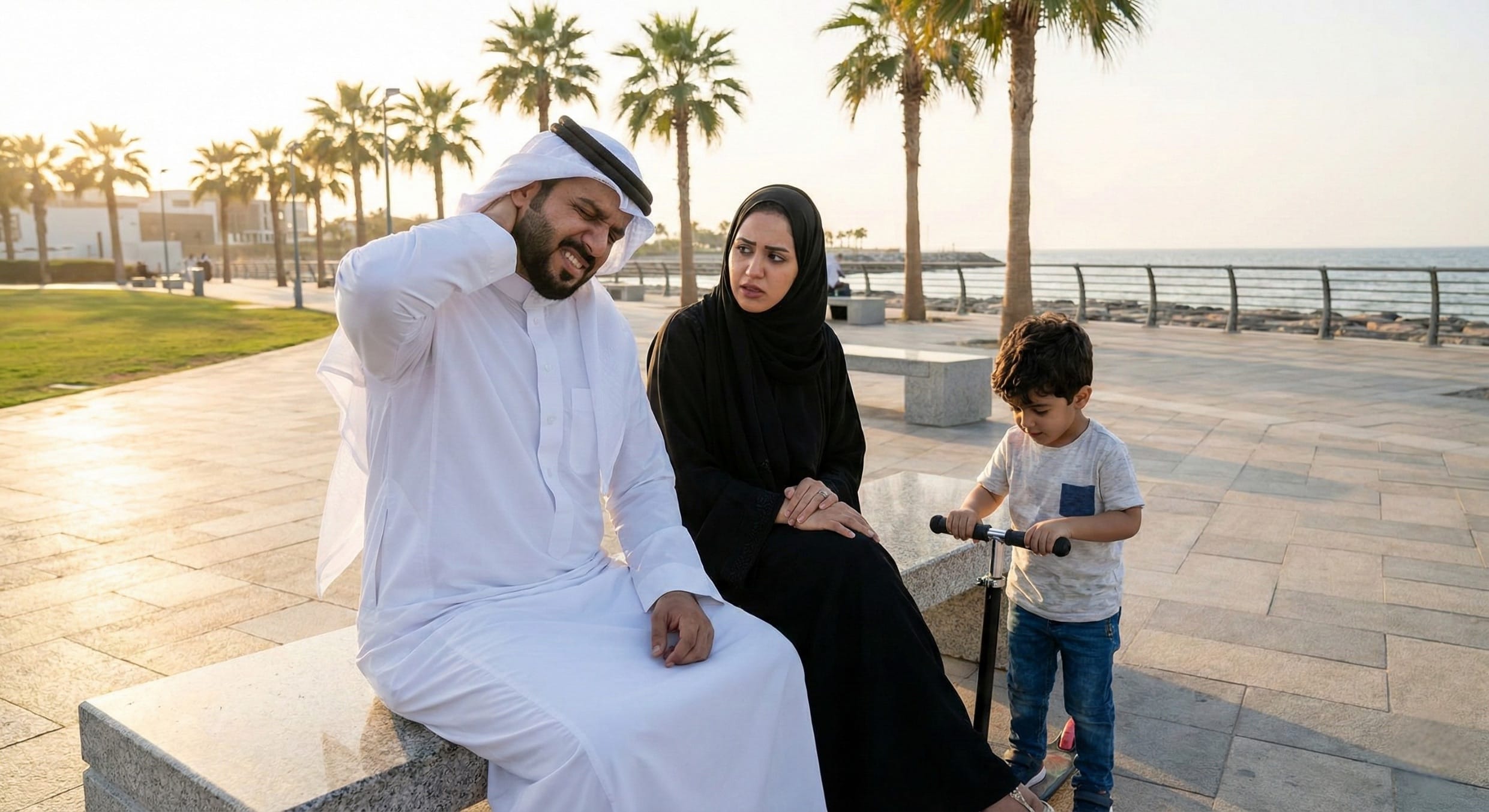 family neck pain رجل مع عائلته بمسك رقبته بسبب ألم الرقبة