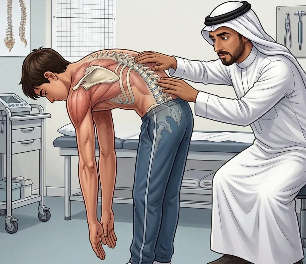 انحناء العمود الفقري (الجنف): 4 علامات تحذيرية لا تتجاهلها في طفلك adam's bend test