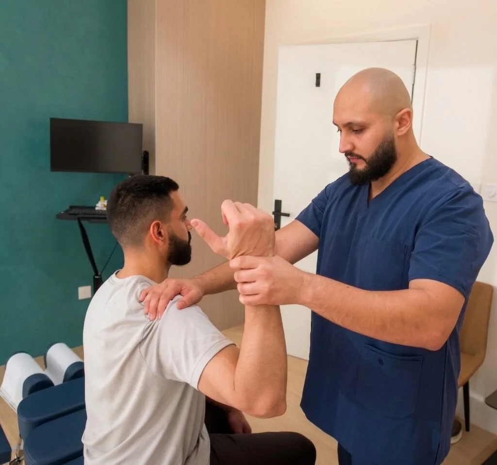 طبيب كايروبراكتور يقوم بفحص الكتف