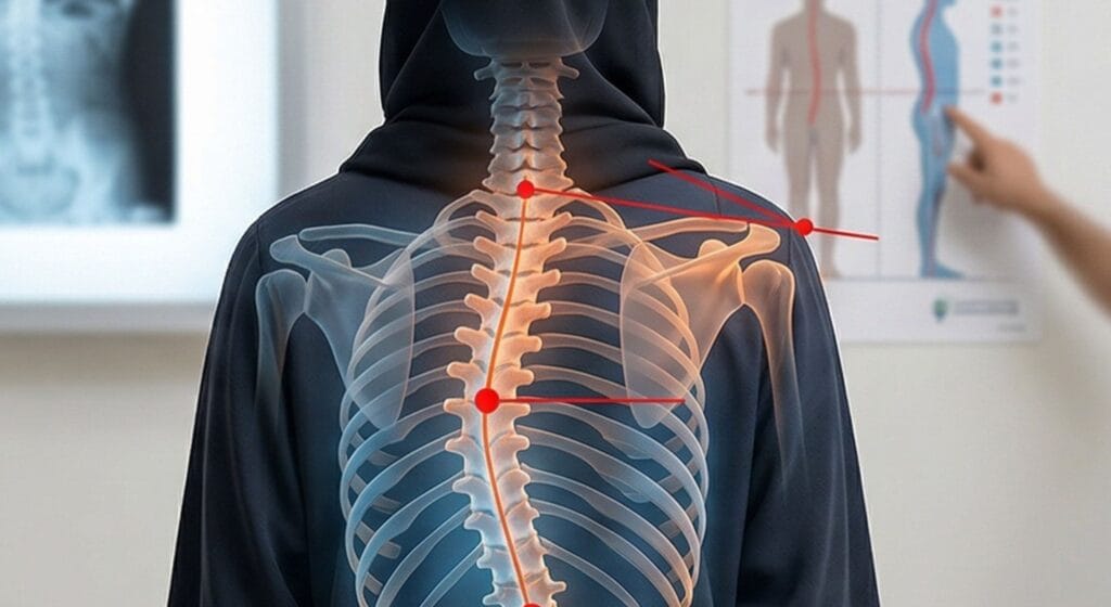 علاج الجنف للبالغين: هل يمكن تقويم العمود الفقري بعد سن البلوغ؟ scoliosis female standing 2