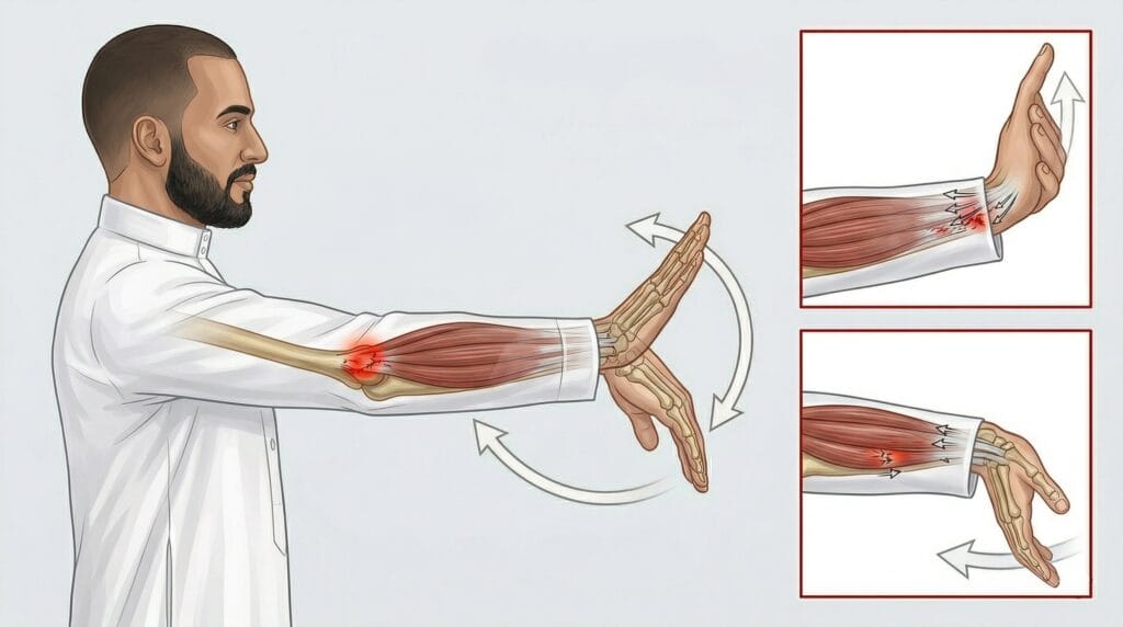 الدليل الشامل لعلاج ألم الكوع ومرفق التنس: الأسباب، والوقاية، والحلول الجذرية تمرين اطالة المعصم